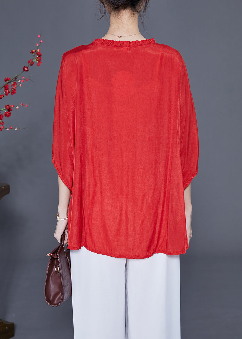 Plus Size Red O-Neck Oversized Wrinkled Silk Blouses Batwing Sleeve LY2322 - fabuloryshop