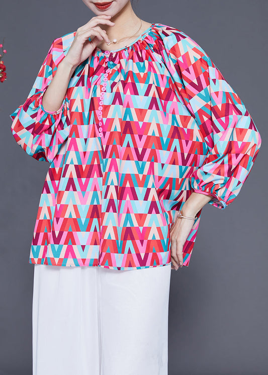 Plus Size Red O-Neck Print Button Chiffon Blouse Top Bracelet Sleeve LY1829 - fabuloryshop