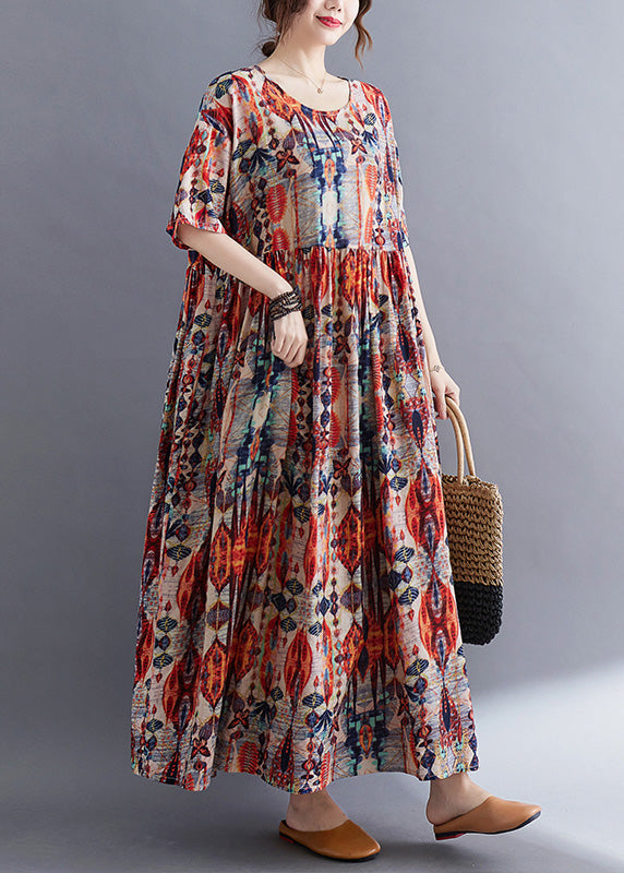 Plus Size Red O-Neck Print Patchwork Cotton Long Dresses Summer Ada Fashion