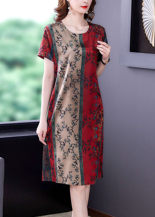 Plus Size Red O-Neck Print Slim Fit Silk Mid Dress Summer TH1008 - fabuloryshop