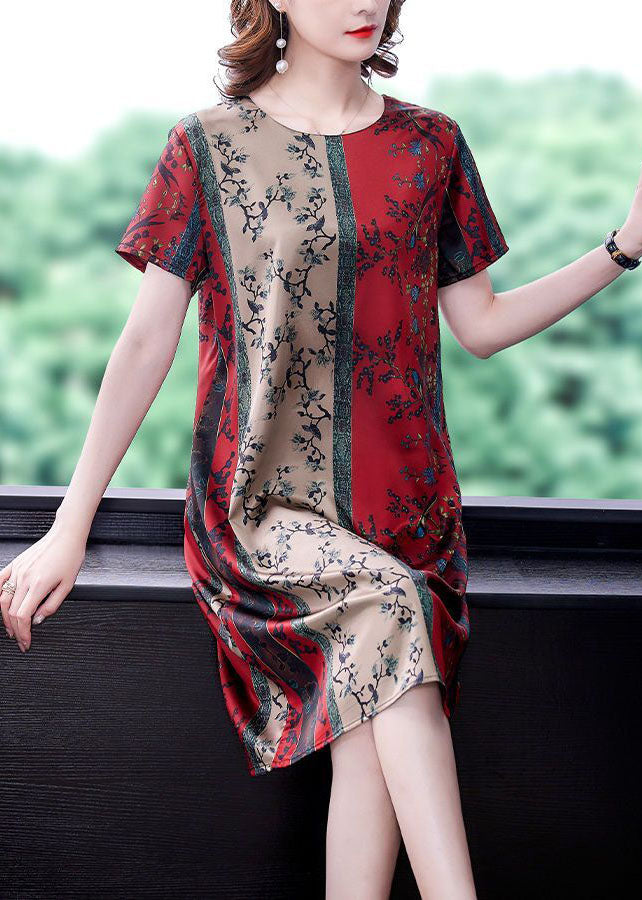 Plus Size Red O-Neck Print Slim Fit Silk Mid Dress Summer TH1008 - fabuloryshop