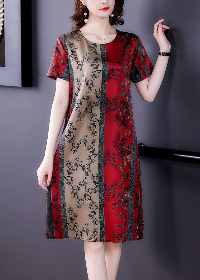 Plus Size Red O-Neck Print Slim Fit Silk Mid Dress Summer TH1008 - fabuloryshop