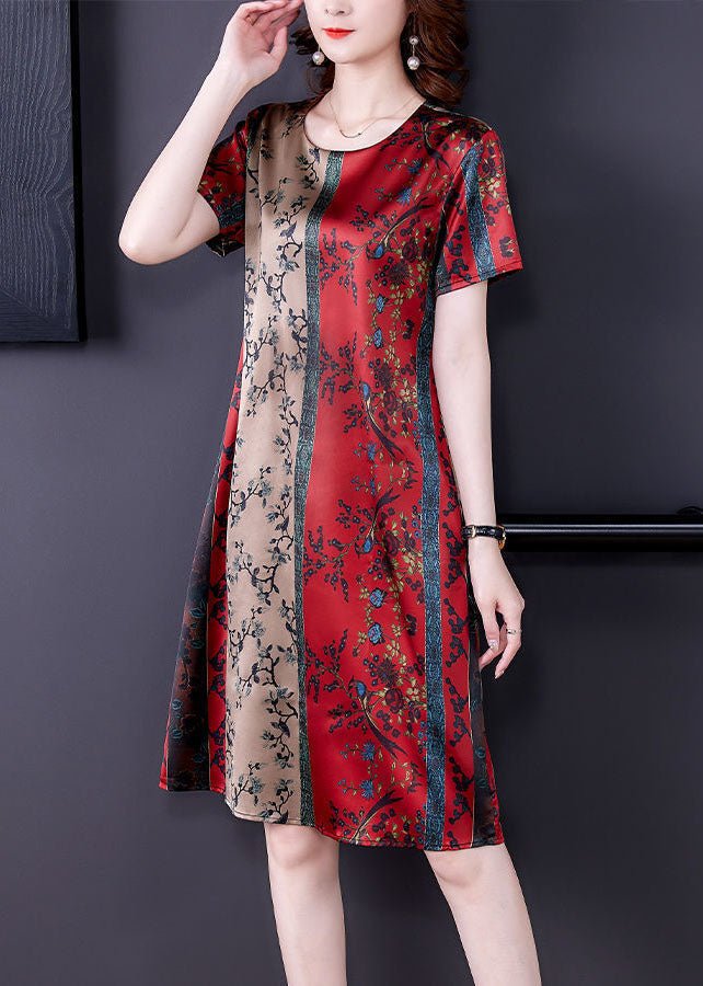 Plus Size Red O-Neck Print Slim Fit Silk Mid Dress Summer TH1008 - fabuloryshop