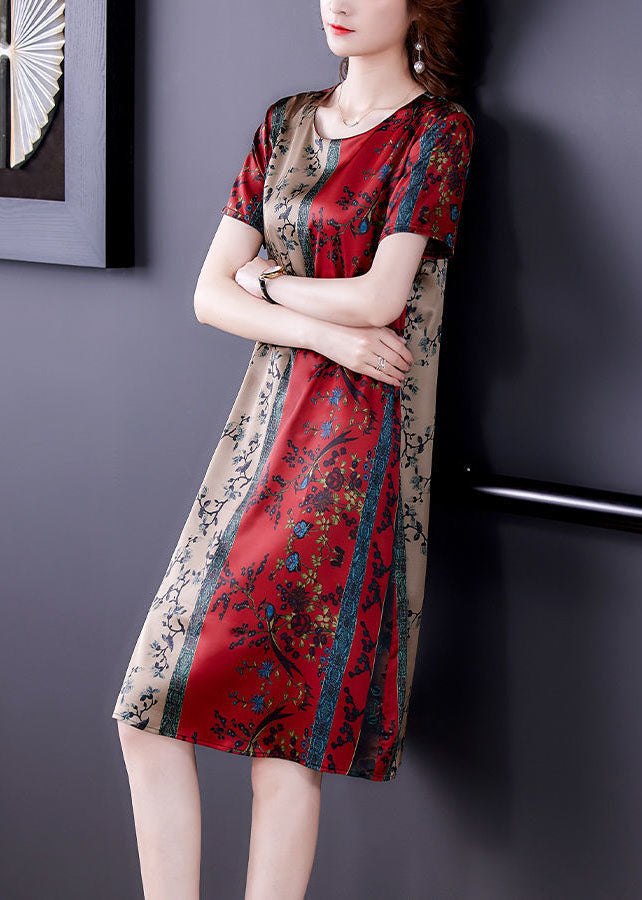 Plus Size Red O-Neck Print Slim Fit Silk Mid Dress Summer TH1008 - fabuloryshop