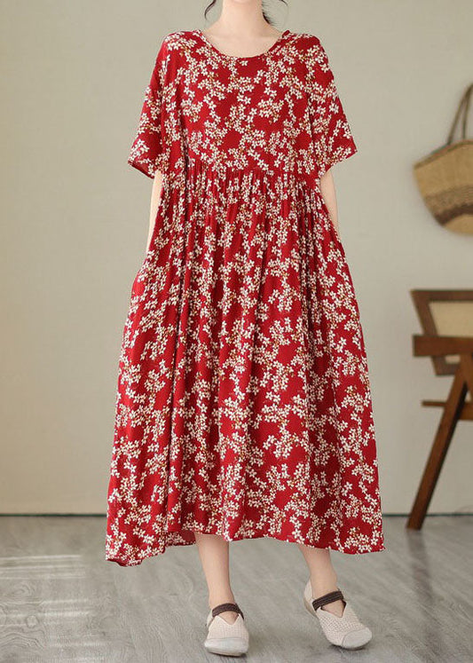 Plus Size Red O Neck Print Wrinkled Patchwork Chiffon Dresses Summer LY3929 - fabuloryshop