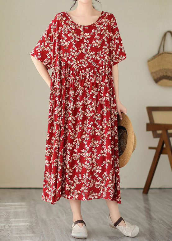 Plus Size Red O Neck Print Wrinkled Patchwork Chiffon Dresses Summer LY3929 - fabuloryshop