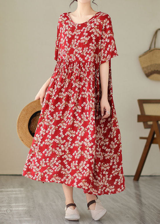 Plus Size Red O Neck Print Wrinkled Patchwork Chiffon Dresses Summer LY3929 - fabuloryshop