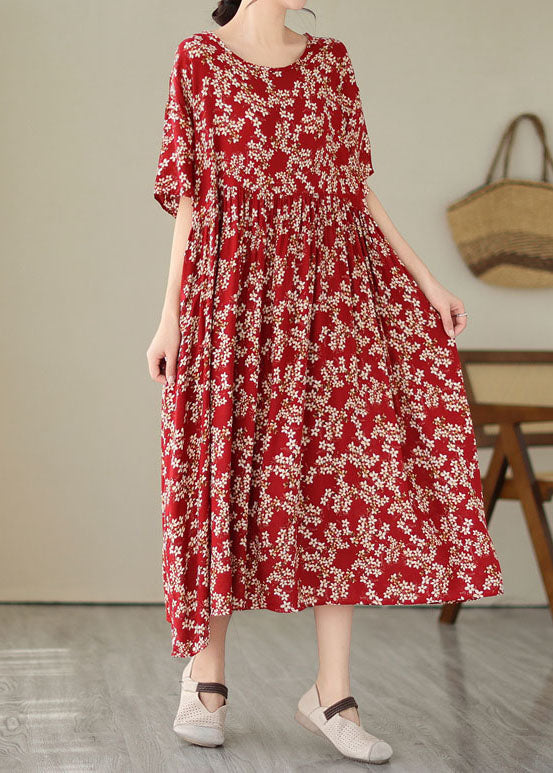 Plus Size Red O Neck Print Wrinkled Patchwork Chiffon Dresses Summer LY3929 - fabuloryshop