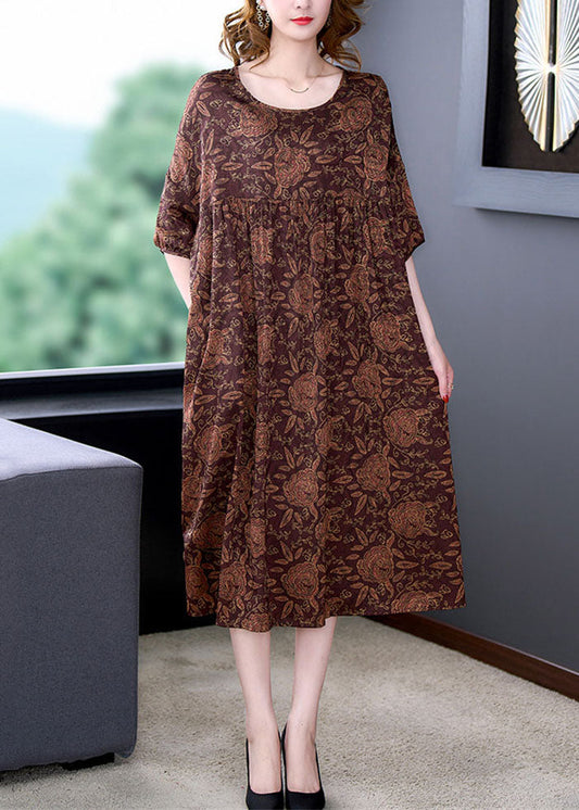 Plus Size Red O Neck Print Wrinkled Patchwork Silk Dress Summer LY5958 Ada Fashion