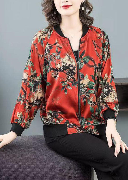 Plus Size Red O-Neck Print Zippered Patchwork Silk Jacket Spring LY6662 - fabuloryshop