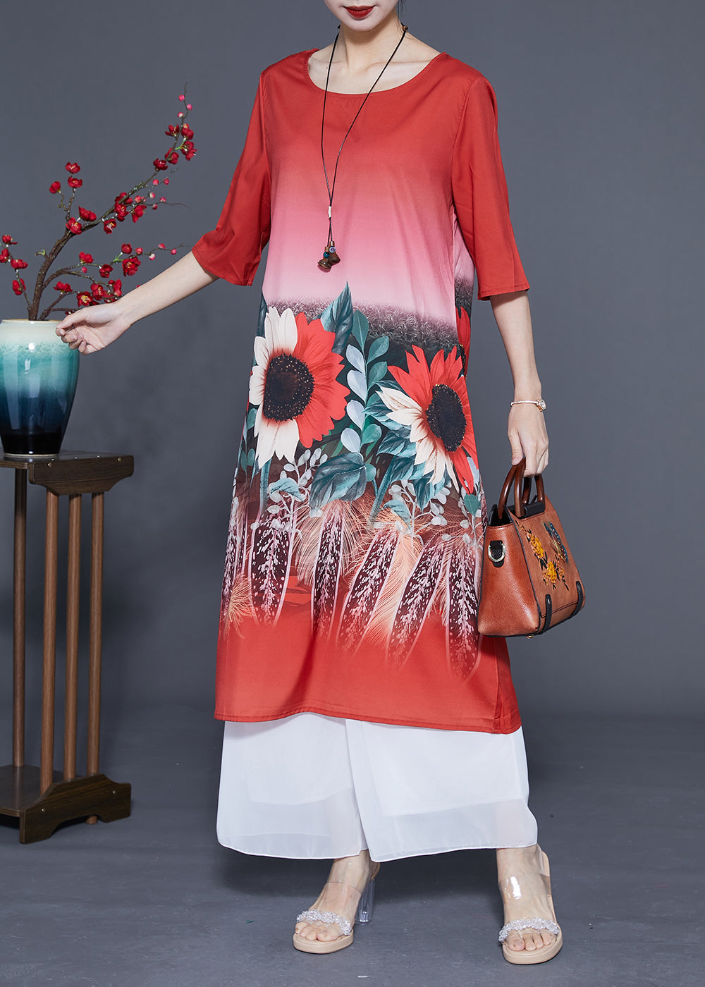 Plus Size Red O-Neck Sun Flower Print Silk Dresses Half Sleeve LC0372 - fabuloryshop