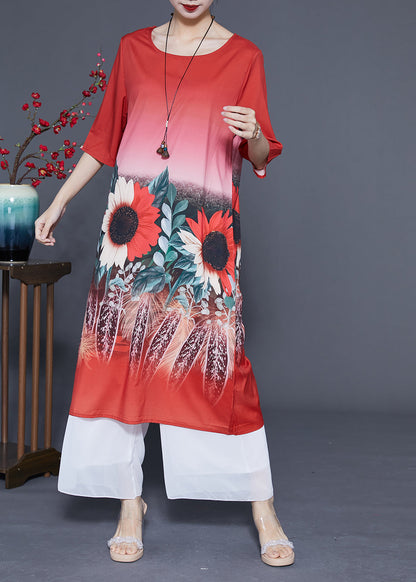 Plus Size Red O-Neck Sun Flower Print Silk Dresses Half Sleeve LC0372 - fabuloryshop