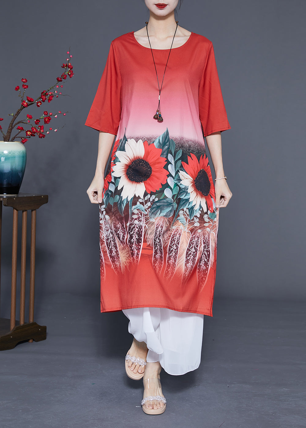 Plus Size Red O-Neck Sun Flower Print Silk Dresses Half Sleeve LC0372 - fabuloryshop