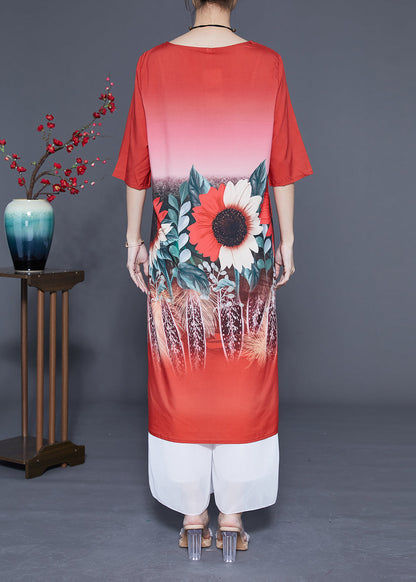 Plus Size Red O-Neck Sun Flower Print Silk Dresses Half Sleeve LC0372 - fabuloryshop