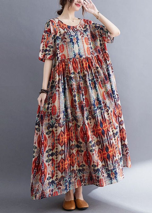 Plus Size Red O Neck Wrinkled Print Patchwork Cotton Dresses Summer LY4037 - fabuloryshop