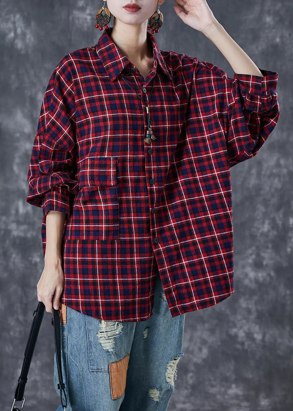 Plus Size Red Oversized Plaid Cotton Shirt Tops Fall Ada Fashion