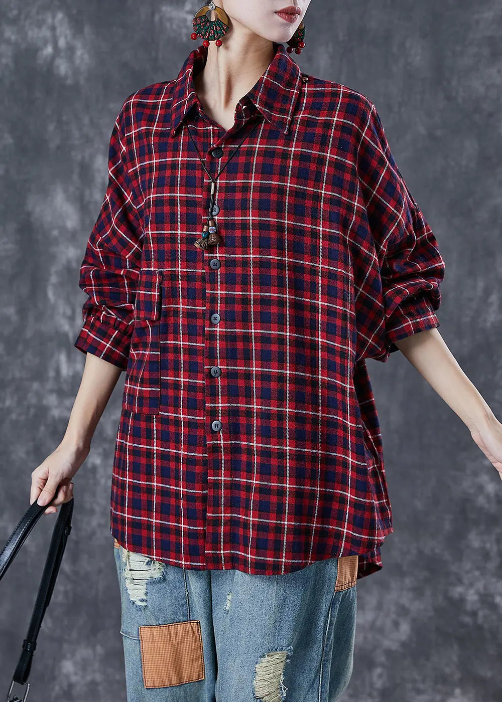 Plus Size Red Oversized Plaid Cotton Shirt Tops Fall Ada Fashion