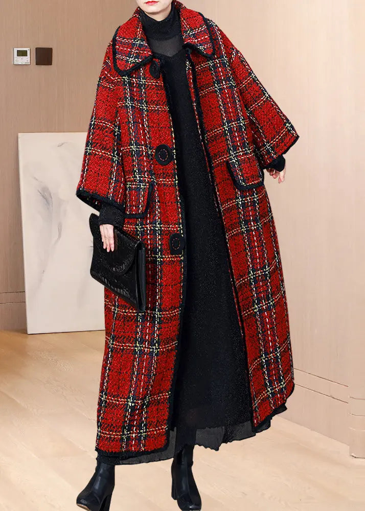 Plus Size Red Peter Pan Collar Pockets Plaid Woolen Coats Winter Ada Fashion