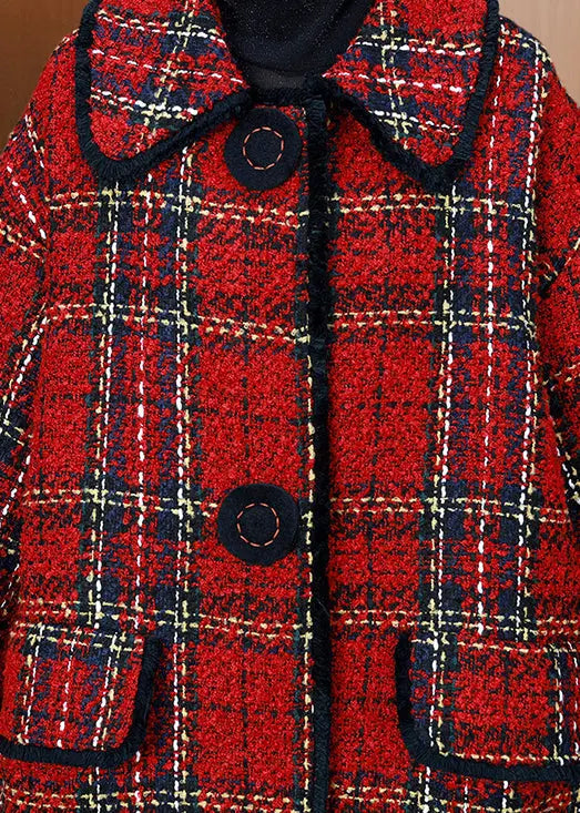 Plus Size Red Peter Pan Collar Pockets Plaid Woolen Coats Winter Ada Fashion