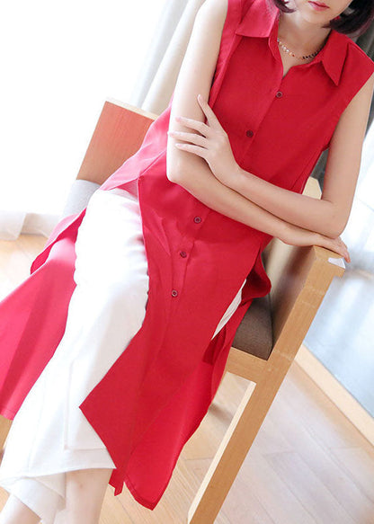 Plus Size Red Peter Pan Collar Side Open Chiffon Long Shirts Sleeveless LY1440 - fabuloryshop