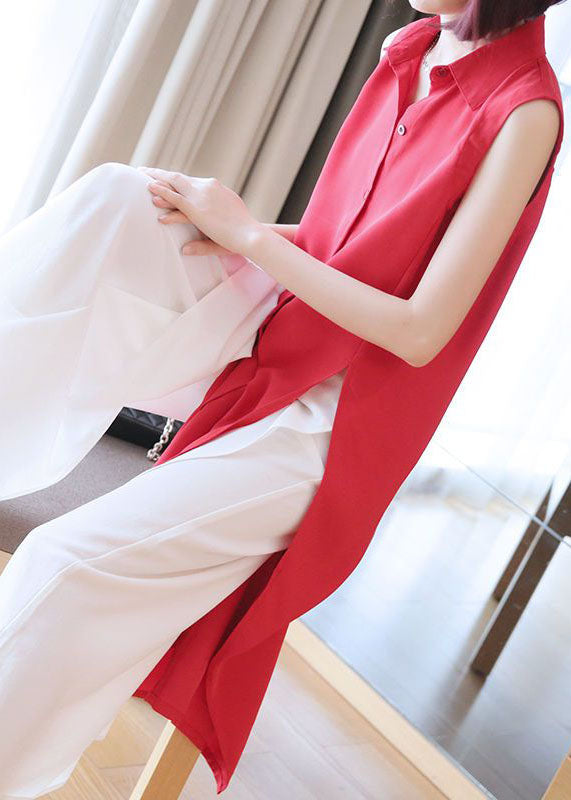 Plus Size Red Peter Pan Collar Side Open Chiffon Long Shirts Sleeveless LY1440 - fabuloryshop