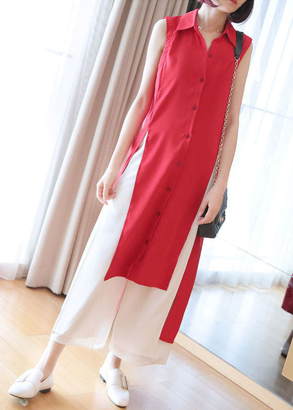 Plus Size Red Peter Pan Collar Side Open Chiffon Long Shirts Sleeveless LY1440 - fabuloryshop