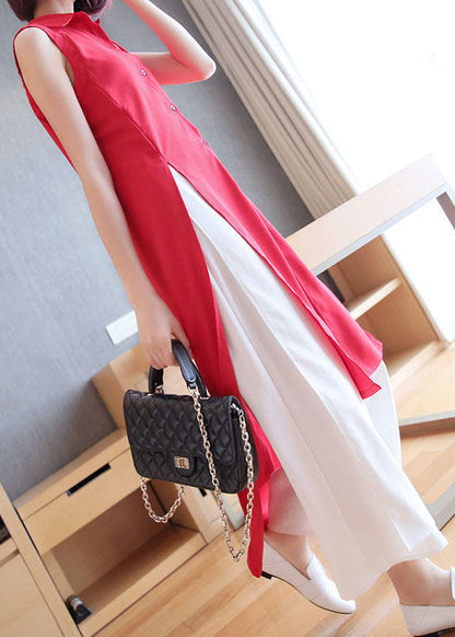 Plus Size Red Peter Pan Collar Side Open Chiffon Long Shirts Sleeveless LY1440 - fabuloryshop