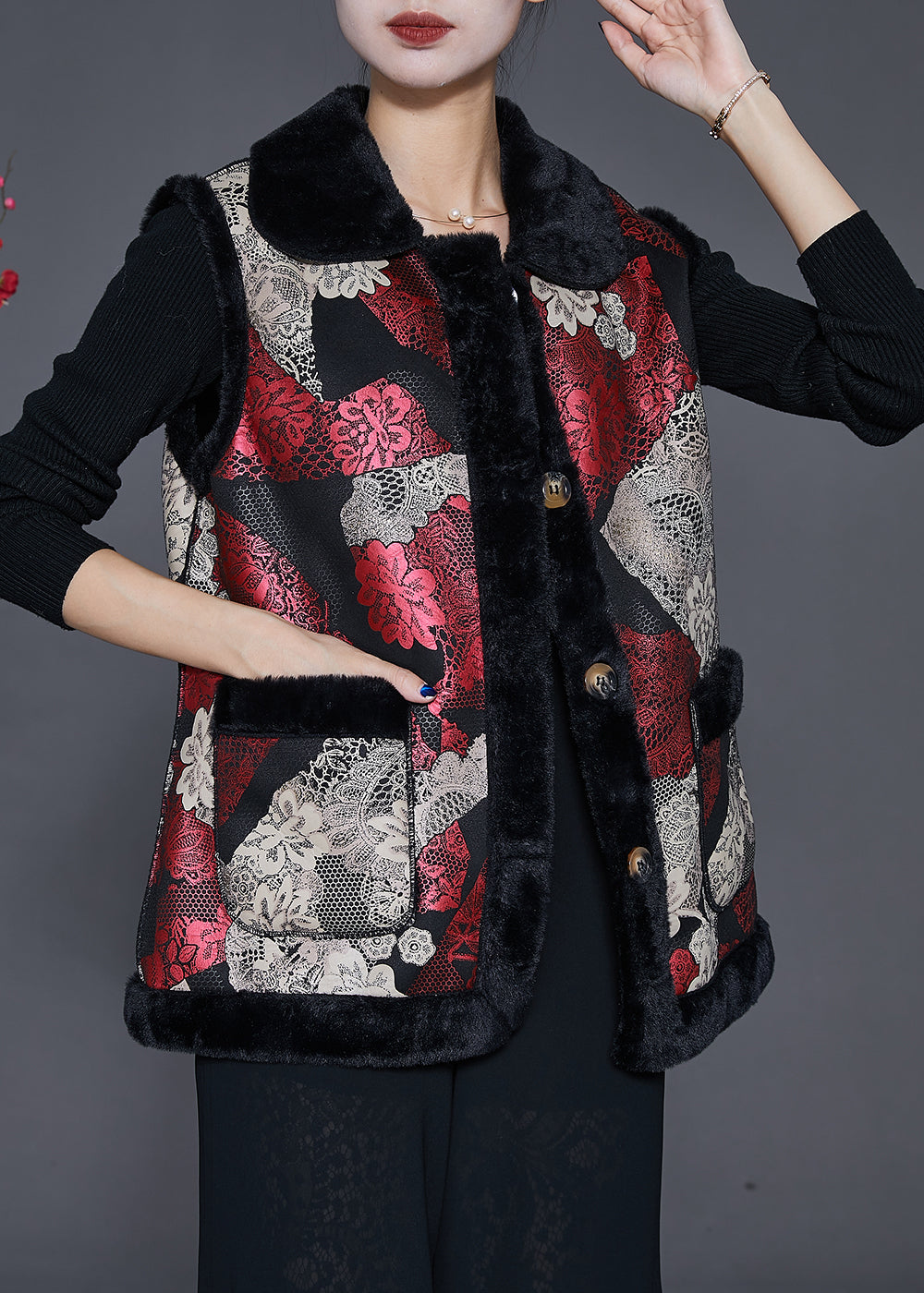 Plus Size Red Print Thick Fine Cotton Filled Vests Winter Ada Fashion