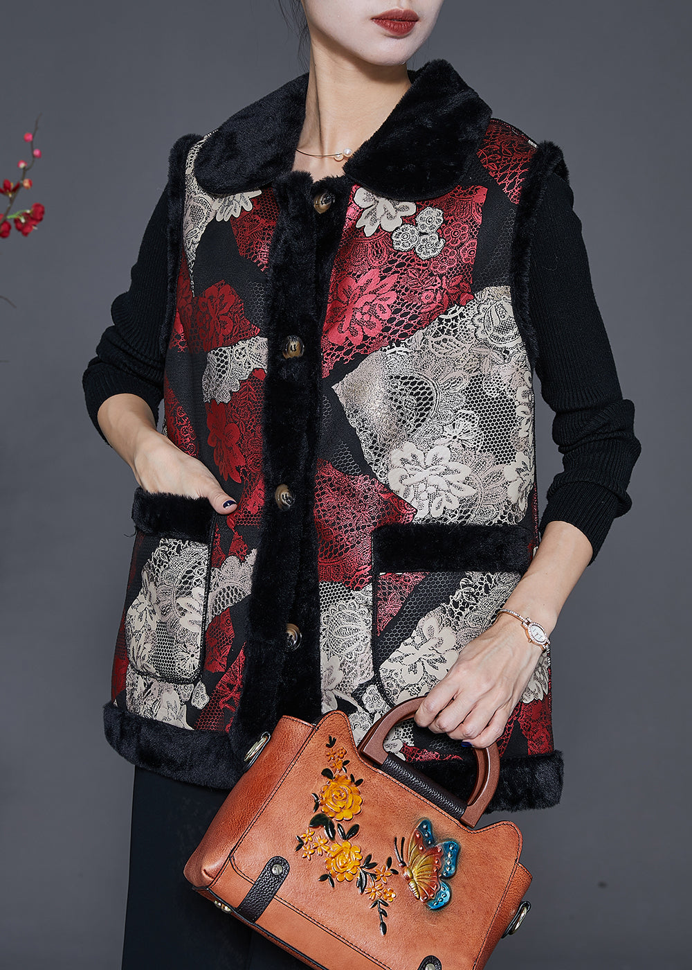 Plus Size Red Print Thick Fine Cotton Filled Vests Winter Ada Fashion