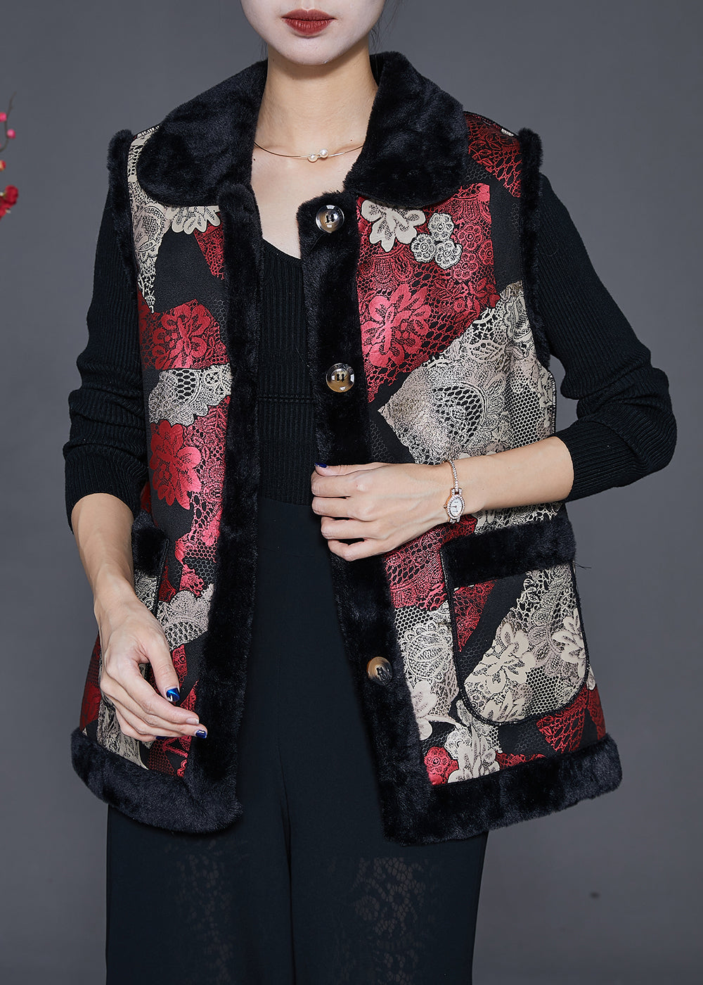 Plus Size Red Print Thick Fine Cotton Filled Vests Winter Ada Fashion