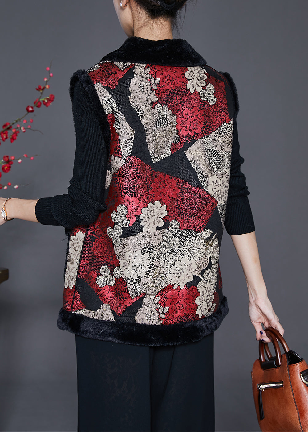 Plus Size Red Print Thick Fine Cotton Filled Vests Winter Ada Fashion