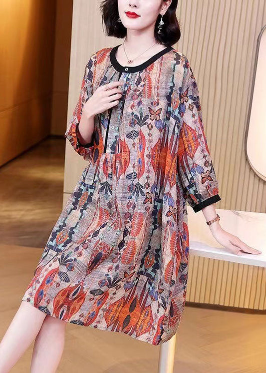 Plus Size Red Print Wrinkled Patchwork Linen Mid Dress Summer LY6925 Ada Fashion