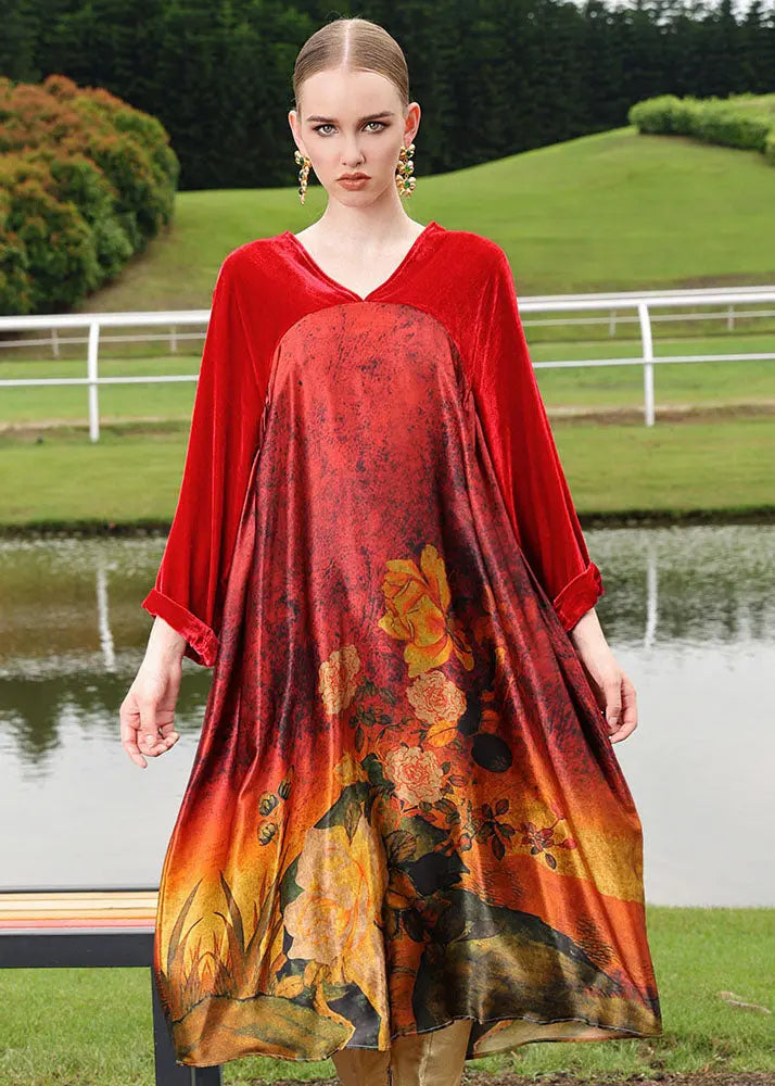 Plus Size Red Silk Velour Patchwor Print Long Dresses Long Sleeve Ada Fashion