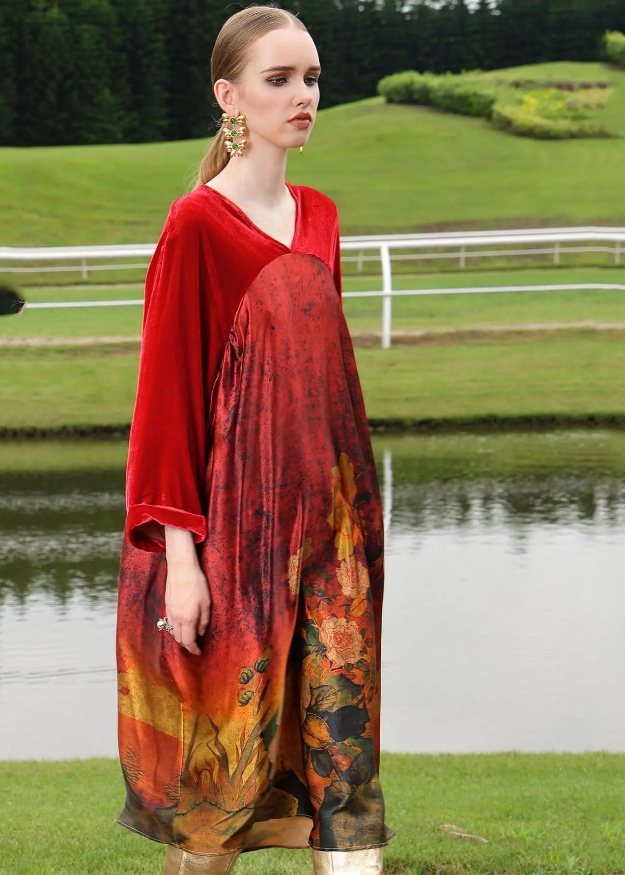 Plus Size Red Silk Velour Patchwor Print Long Dresses Long Sleeve Ada Fashion