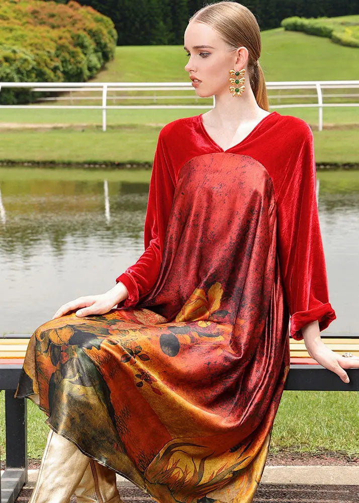 Plus Size Red Silk Velour Patchwor Print Long Dresses Long Sleeve Ada Fashion