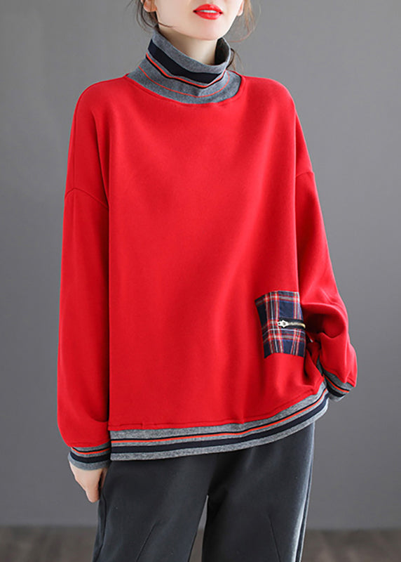 Plus Size Red Striped Patchwork Warm Fleece Tops Fall Ada Fashion