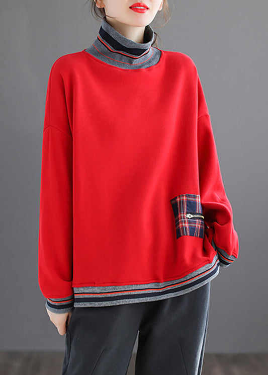 Plus Size Red Striped Patchwork Warm Fleece Tops Fall Ada Fashion