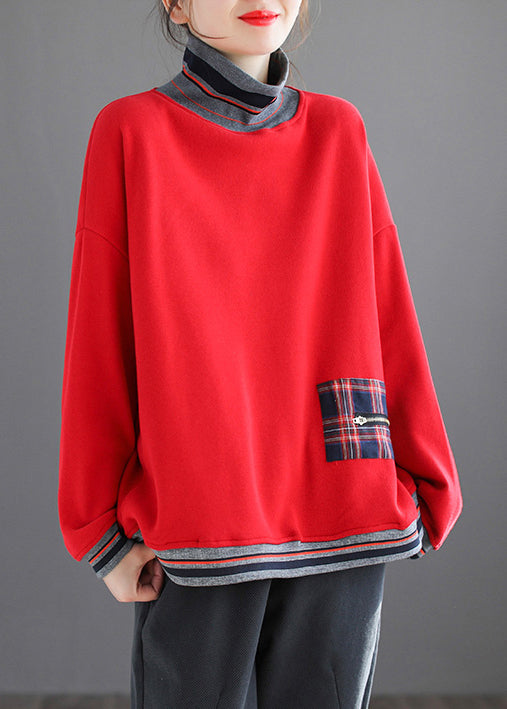 Plus Size Red Striped Patchwork Warm Fleece Tops Fall Ada Fashion