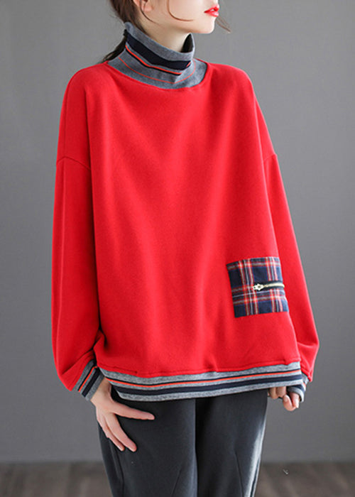 Plus Size Red Striped Patchwork Warm Fleece Tops Fall Ada Fashion