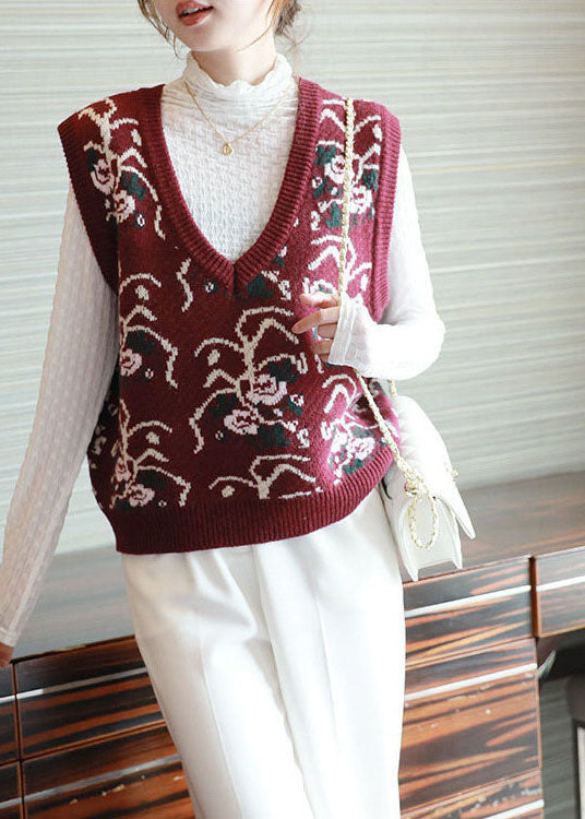 Plus Size Red V Neck Print Knit Vests Spring LY1464 - fabuloryshop