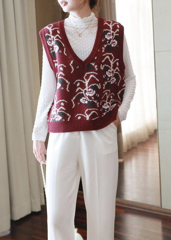 Plus Size Red V Neck Print Knit Vests Spring LY1464 - fabuloryshop