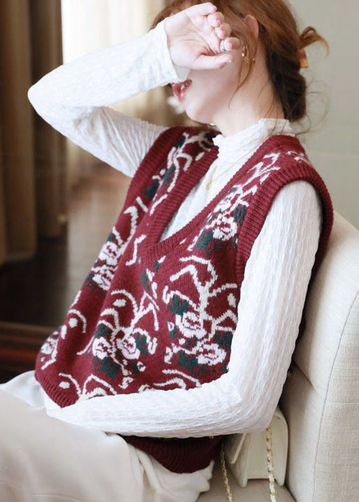 Plus Size Red V Neck Print Knit Vests Spring LY1464 - fabuloryshop