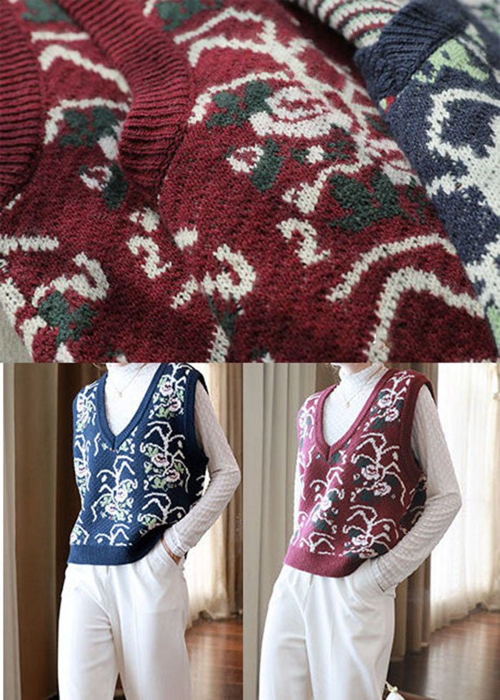 Plus Size Red V Neck Print Knit Vests Spring LY1464 - fabuloryshop