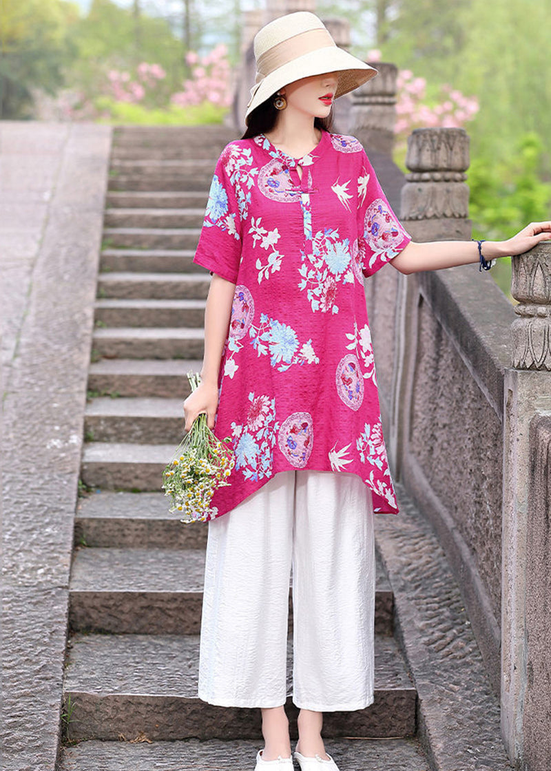 Plus Size Rose O-Neck Print Linen Two Piece Set Outfits Summer LY2772 - fabuloryshop