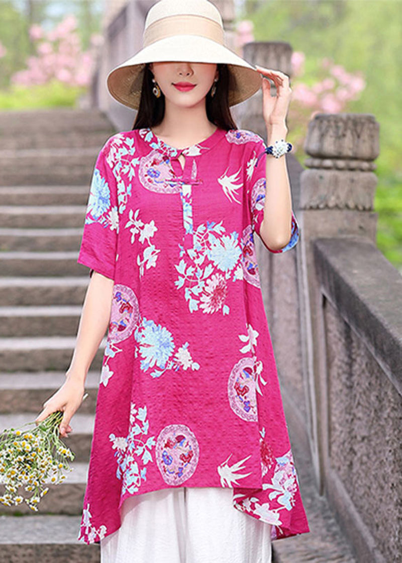 Plus Size Rose O-Neck Print Linen Two Piece Set Outfits Summer LY2772 - fabuloryshop