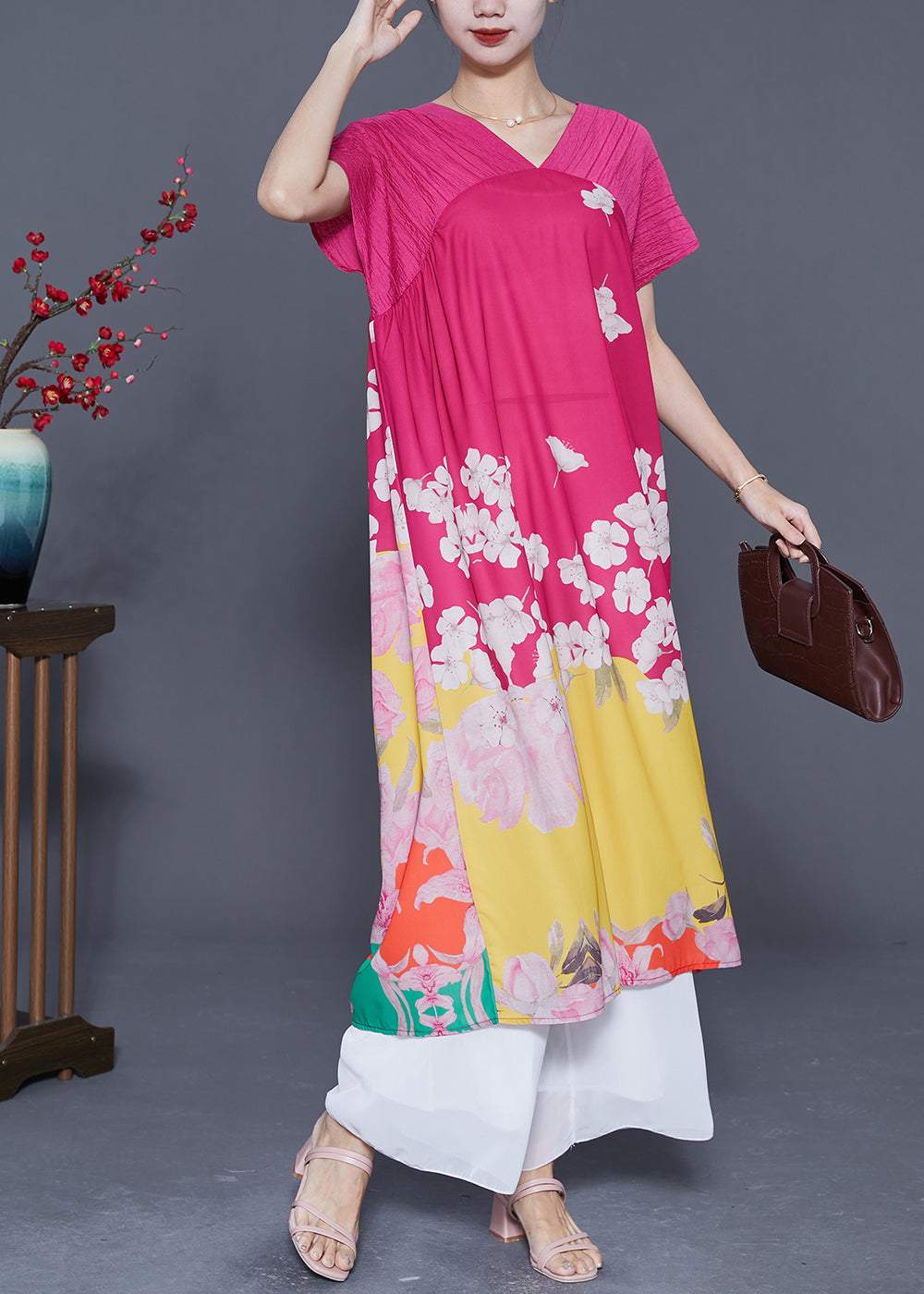Plus Size Rose V Neck Patchwork Print Silk Beach Dress Summer LY5411 - fabuloryshop