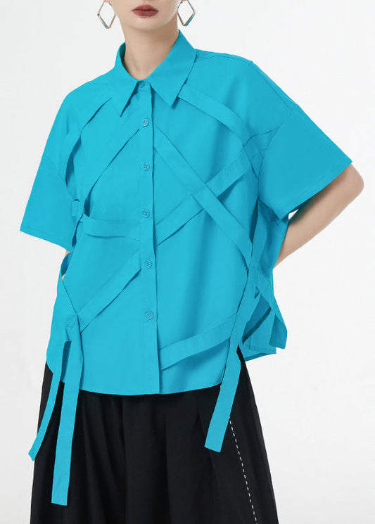 Plus Size Royal Blue Tasseled Button Patchwork Cotton Shirts Summer Ada Fashion