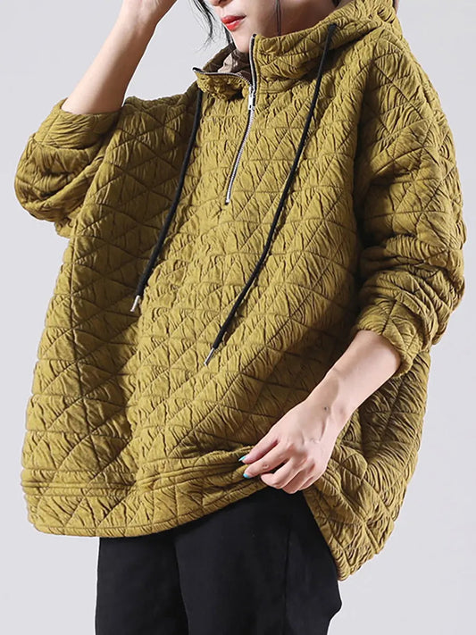 Plus Size Solid Color Pleated Drawstring Zipper Hooded Sweatshirt Ada Fashion