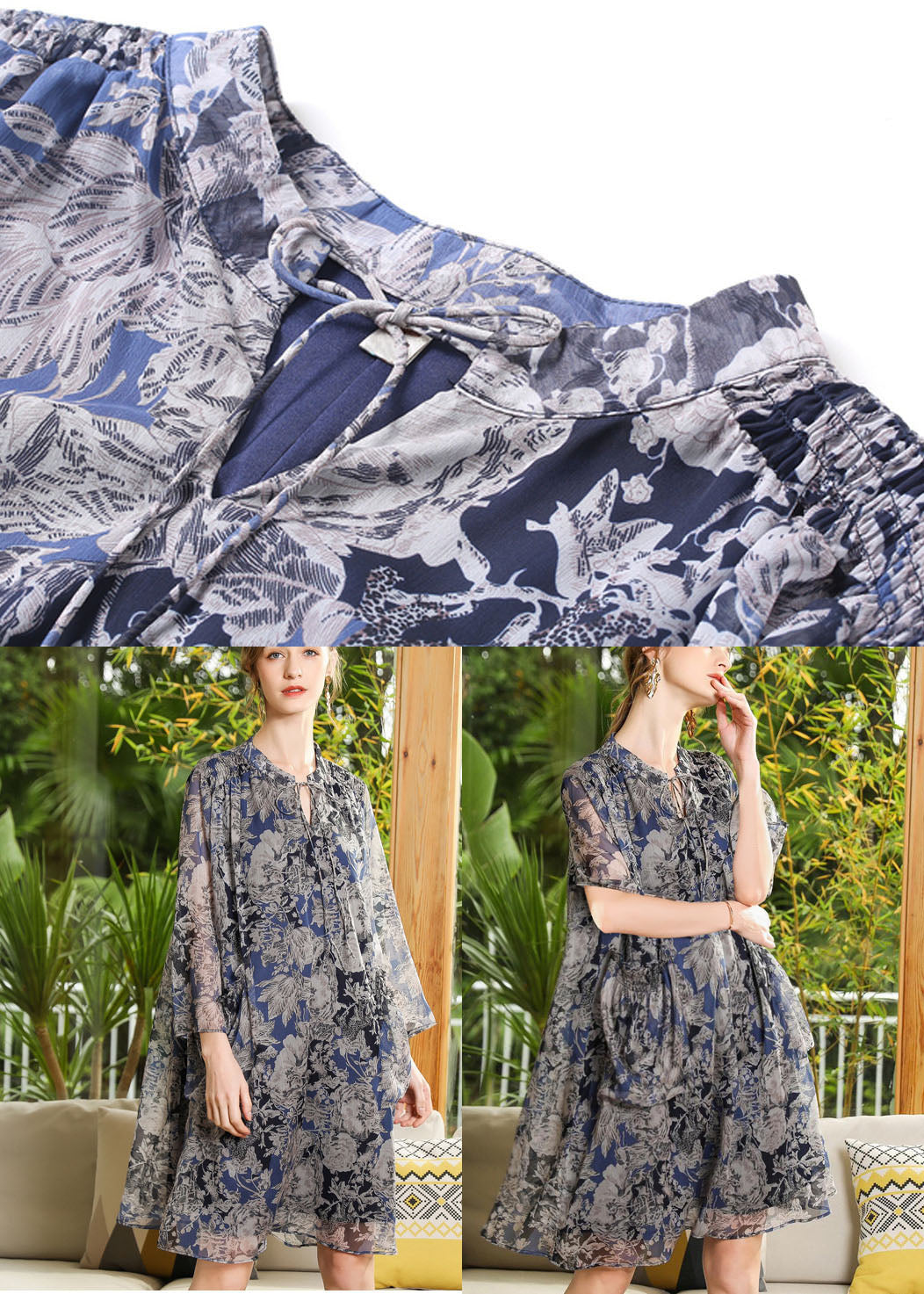 Plus Size Stand Collar Oversized Print Chiffon Holiday Dress Long Sleeve LY0256 - fabuloryshop