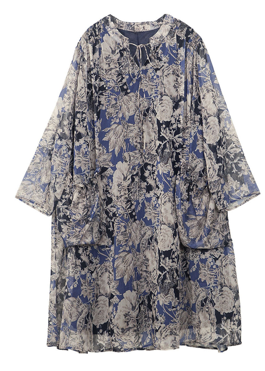 Plus Size Stand Collar Oversized Print Chiffon Holiday Dress Long Sleeve LY0256 - fabuloryshop